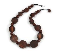 Avalaya Statement Coin Shape Brown Wood and Round Ceramic Bead Necklace - 46cm L