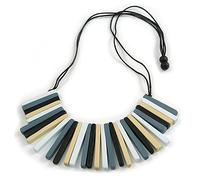 Avalaya Statement Grey/Lemon Yellow/White/Black Wood Bead Fringe Necklace with Black Cotton Cords/ 74cm L