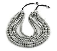 Avalaya Statement Multistrand Layered Wood Bead Necklace In Metallic Silver - 50cm Shortest/ 70cm Longest Strand