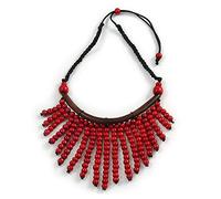 Avalaya Statement Red Wooden Bead Fringe Black Cotton Cord Necklace - Adjustable