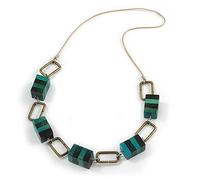Avalaya Statement Teal Green Wood Bead and Bronze Square Metal Link Gold Cord Necklace - 76cm L