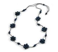 Avalaya Stunning Dark Blue Wood Flower Black Cotton Cord Long Necklace - 90cm L