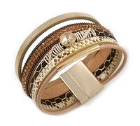 Avalaya Stylish Gold, Brown, Snake Print Faux Leather with Crystal Detailing Magnetic Bracelet In Matt Gold Finish - 18cm L
