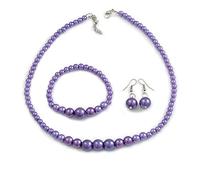 Avalaya Stylish Purple Glass Bead Necklace/Stretch Bracelet/Drop Earrings Set - 44cm L/ 4cm Ext