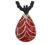 Avalaya Teardrop Shell Pendant on Black Bead Twisted Cord Necklace in Red/White/Abalone Colours - 44cm Long