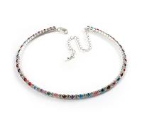 Avalaya Thin Multicoloured Crystal Choker Necklace/Silver Tone/ 31cm L/ 9cm Ext