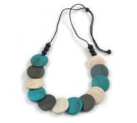 Avalaya Turquoise/Grey/White Wooden Coin Bead Black Cotton Cord Necklace/ 100cm Max Length/Adjustable