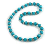 Avalaya Turquoise Painted Wood and Silver Tone Acrylic Bead Long Necklace - 70cm L