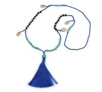 Avalaya Turquoise, Sea Shell, Faux Tree Seed, Glass Bead Blue Cotton Tassel Long Necklace/ 90cm L/ 12cm Tassel