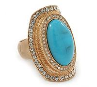 Avalaya Turquoise Style Resin, Diamante Oval Flex Ring In Brushed Gold Finish - 37mm Across - Size 7/8