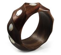 Avalaya Twisted Chunky Wood Bangle with Shell Inlay (Brown) - Medium - up to 18cm