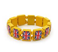 Avalaya UK British Flag Union Jack Yellow Stretch Wooden Bracelet - up to 20cm length