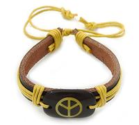 Avalaya Unisex Dark Brown/Yellow Leather 'Peace' Friendship Bracelet - Adjustable