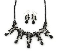 Avalaya Victorian/Gothic/Burlesque Black Glass Bead Necklace & Drop Earring Set/ 40cm L/ 5cm Ext