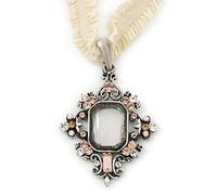 Avalaya Victorian Style Filigree Clear, Champagne Crystal Pendant With Milky White Stretch Ribbon Choker Necklace In Burn Silver - 28cm Length/ 5cm Extension