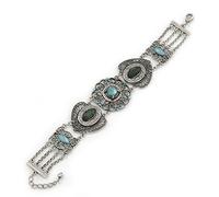 Avalaya Victorian Style Filigree, Green, Blue Coloured Bead Bracelet In Antique Silver Tone - 17cm L/ 3cm Ext
