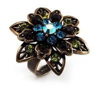 Avalaya Vintage Inspird Crystal Flower Cocktail Ring/Bronze Tone/ 32mm D/Adjustable
