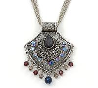 Avalaya Vintage Inspired Filigree, Grey, Blue, Purple Crystal Diamond Pendant With Pewter Tone Chains - 40cm L/ 5cm Ext