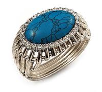 Avalaya Vintage Oval Shape Turquoise Stone, Crystal Hinged Bangle Bracelet