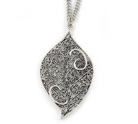 Avalaya Vintage Style Antique Silver Filigree Leaf Pendant with Silver Tone Chain/86cm Long