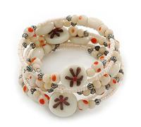 Avalaya Vintage Style 'Daisy' Glass&Ceramic Bead Coil Flex Bracelet - Light Cream