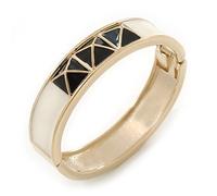 Avalaya White Enamel, Black Square Pyramid Stud Hinged Bangle Bracelet In Gold Plating - 19cm L