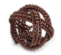 Avalaya Wide Chocolate Brown Glass Bead Plaited Flex Cuff Bracelet - Adjustable