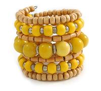 Avalaya Wide Coiled Ceramic, Acrylic, Wood Bead Bracelet (Yellow/Natural) - Adjustable