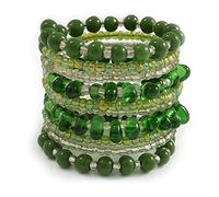 Avalaya Wide Coiled Ceramic, Glass Bead Bracelet (Green, Transparent) - Adjustable