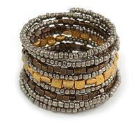 Avalaya Wide Glass, Acrylic Bead Flex Coiled Bracelet - 18cm L - Adjustable (Grey, Gold, Bronze)