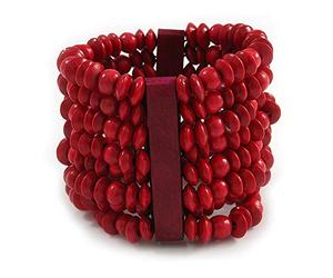 Avalaya Wide Wooden Bead Flex Bracelet In Red - 19cm L - Adjustable