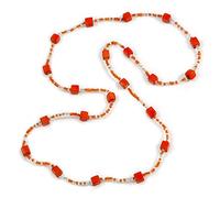 Avalaya Wood Cube and Small Glass Bead Long Necklace (Orange/Transparent/White) - 120cm Long