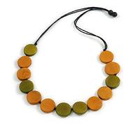 Avalaya Worn Effect Olive/Orange Wood Button Bead Necklace with Black Cotton Cord - 74cm Long Adjustable