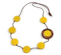 Avalaya Yellow/Brown Coin Wood Bead Cotton Cord Necklace - 80cm Long - Adjustable