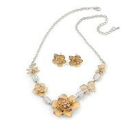 Avalaya Yellow Cream Enamel Flower & Butterfly Necklace & Stud Earring Set/Silver Tone/ 36cm L/ 5cm Ext