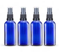 Avalon 100ml Blue Glass Bottles with Black Atomiser Spray ~ Pack of 4 ~ Refillable, Reusable, and Travel Sized ~ Perfect for Aromatherapy, Perfumes, Essential Oils, Aftershaves, and More