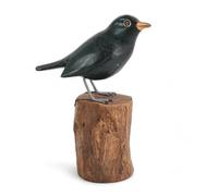 AVALON Blackbird Fairtrade Wooden Carved Bird Ornament 12-13cm, Hand Painted Blackbird Figure, Bird Watcher Gift Woodland Forest Collectable Garden Birds Home Decorative Figurine - Great Gift for Dad!