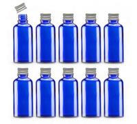 Avalon Cosmetic Packaging Pack of 10 x 50ml GL18 Blue Glass Bottles with Aluminum Lids - Refillable, UV-Protective, and Versatile Storage Solution