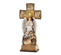 Avalon Gallery Christmas Figurines - Joseph Mary with Jesus and Angel Standing Cross Centerpiece Figurine, 14-Inch, Nativity Cross