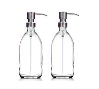 AVALON Pack of 2 Large Clear Glass Soap Dispensers with Metallic Pump - Refillable, Elegant Design for Hand Soap, Dish Soap, or Lotion - Ideal for Kitchen and Bathroom (Brushed Steel Pump, 500ml)