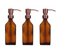 Avalon Set of Three Amber Glass Pump Rectangular Bottles with Stainless Steel Pump, Amber Glass Soap Dispenser, Refillable Brown Glass Bottles (BPA-Free) (Vintage Copper, 200ml)