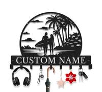 Avalox Personalized Surfing Key Holder with Key Hooks - Metal Wall Organizer for Entryway, Living Room, Island Beach Themed Decor, Unique Key Rack for Keys, Leash, Lanyard (Style-1)
