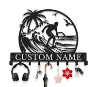 Avalox Personalized Surfing Key Holder with Key Hooks - Metal Wall Organizer for Entryway, Living Room, Island Beach Themed Decor, Unique Key Rack for Keys, Leash, Lanyard (Style-2)
