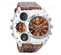 Avaner Mens Military Quartz Wrist Watch PU Leather Strap Big Face Two Time Zone Analog Display Compass Thermometer Decorative Dial Sport Watch
