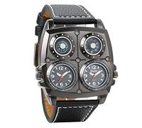 Avaner Mens Punk Unique Big Face Analog Dual Time Quartz Business Casual Watch with Decorative Compass and Thermometer Dial Black Leather Strap