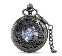 Avaner Steampunk Retro Half Hunter Copper Gear Skeleton Hand Wind Mechanical Roman/Arabic Numeral Analog Display Pocket Watch with 14"Chain (Black) for Men Women Boys Father's Day Christmas