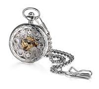 Avaner Steampunk Retro Half Hunter Copper Gear Skeleton Hand Wind Mechanical Roman/Arabic Numeral Analog Display Pocket Watch with 14" Chain (Silver)