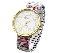 Avaner Women's Elastic Strap Watches: Ladies Easy Reader Floral Printed Stretch Band Big Number Analog Quartz Bangle Wrist Watch