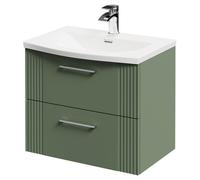 Avant Wall Mounted Vanity Unit with 1 Tap Hole Curved Basin and 2 Drawers with Polished Chrome Handles | Satin Green | MDF | 600mm