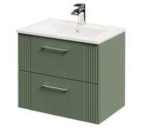 Avant Wall Mounted Vanity Unit with 1 Tap Hole Minimalist Basin and 2 Drawers with Polished Chrome Handles | Satin Green | MDF | 600mm